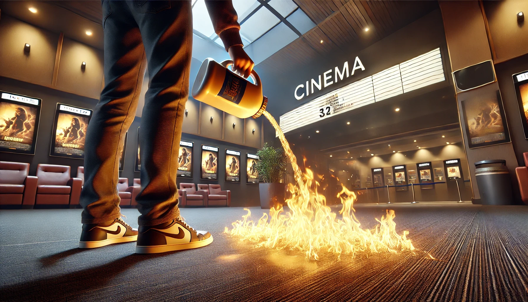 Ein Mensch legt gerade einen Brand in einem Kino